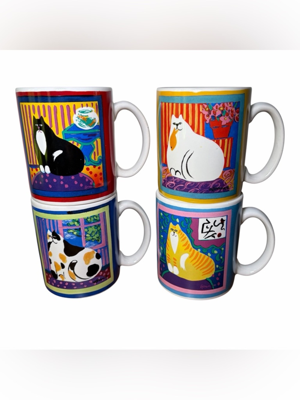 Vintage Cat Mugs Set Of 4 Cypress Point Trading Co. NWOT Gerrica Connolly 1992